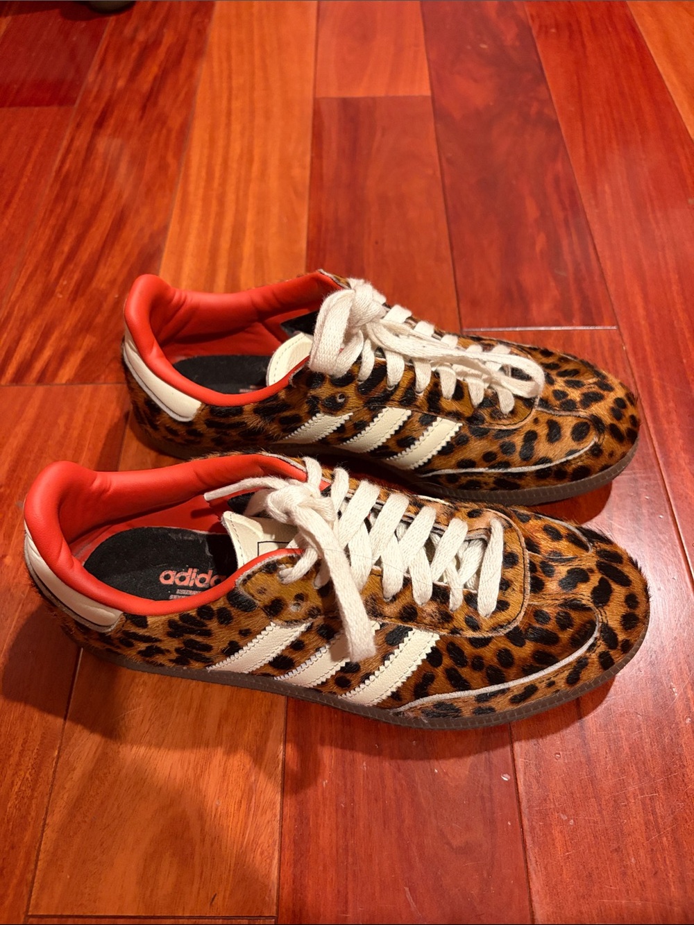 Adidas Leopard Print Sneakers with White Stripes and Red/Orange Lining